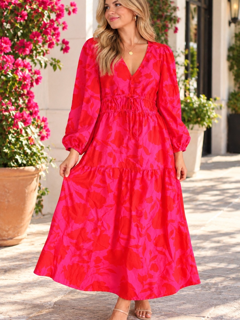 kate spade Pink and Red Floral V-Neck Maxi Dress